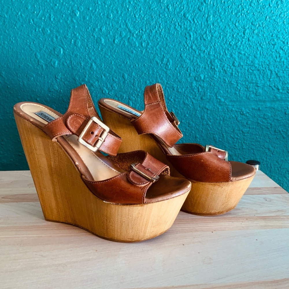 Steve Madden Brown Leather Platform Wood Sandals